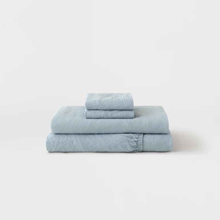 pale blue linen sheet set