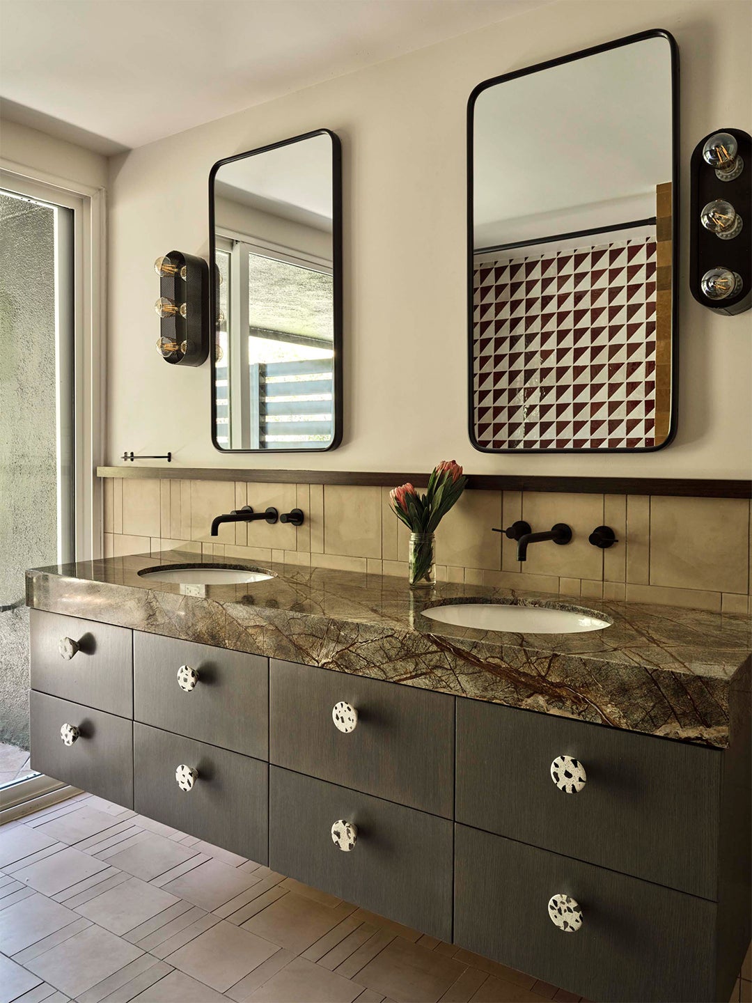 red and green marble vanity