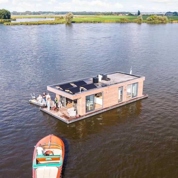 modern wood-paneled houseboat