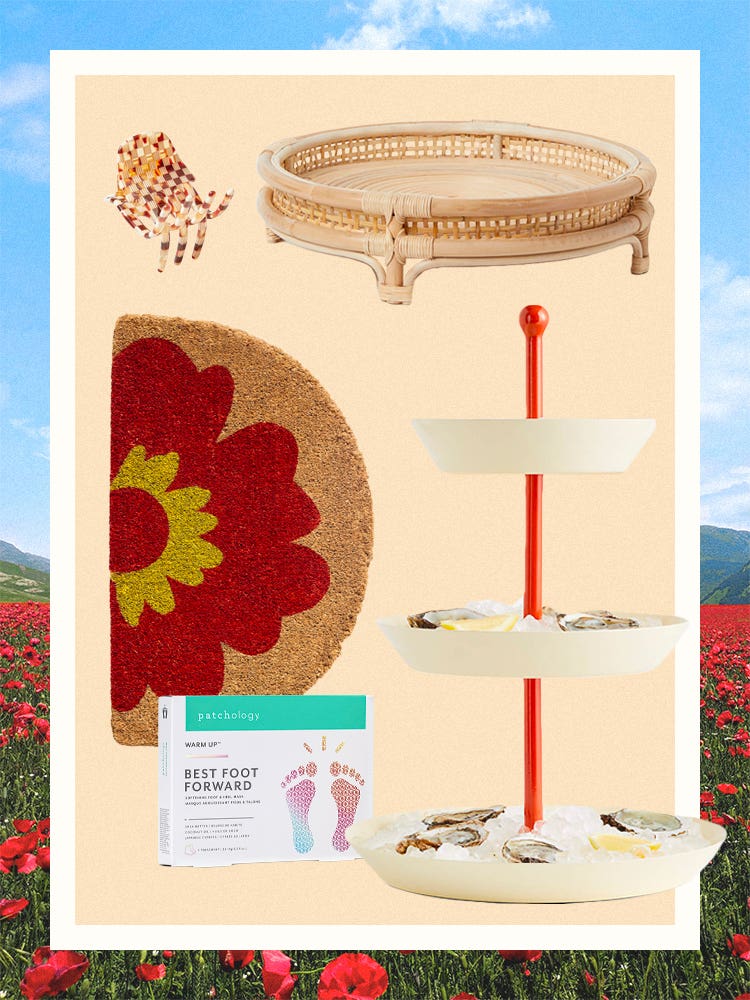 Collage of May Bestsellers with Silos of Marimekko doormat, rattan tray, orange seafood tower, patchology mask, and hair clip
