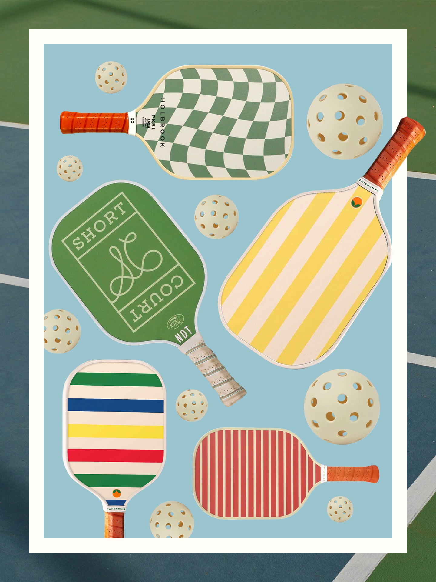 pickleball collage with stripes and wavy checks