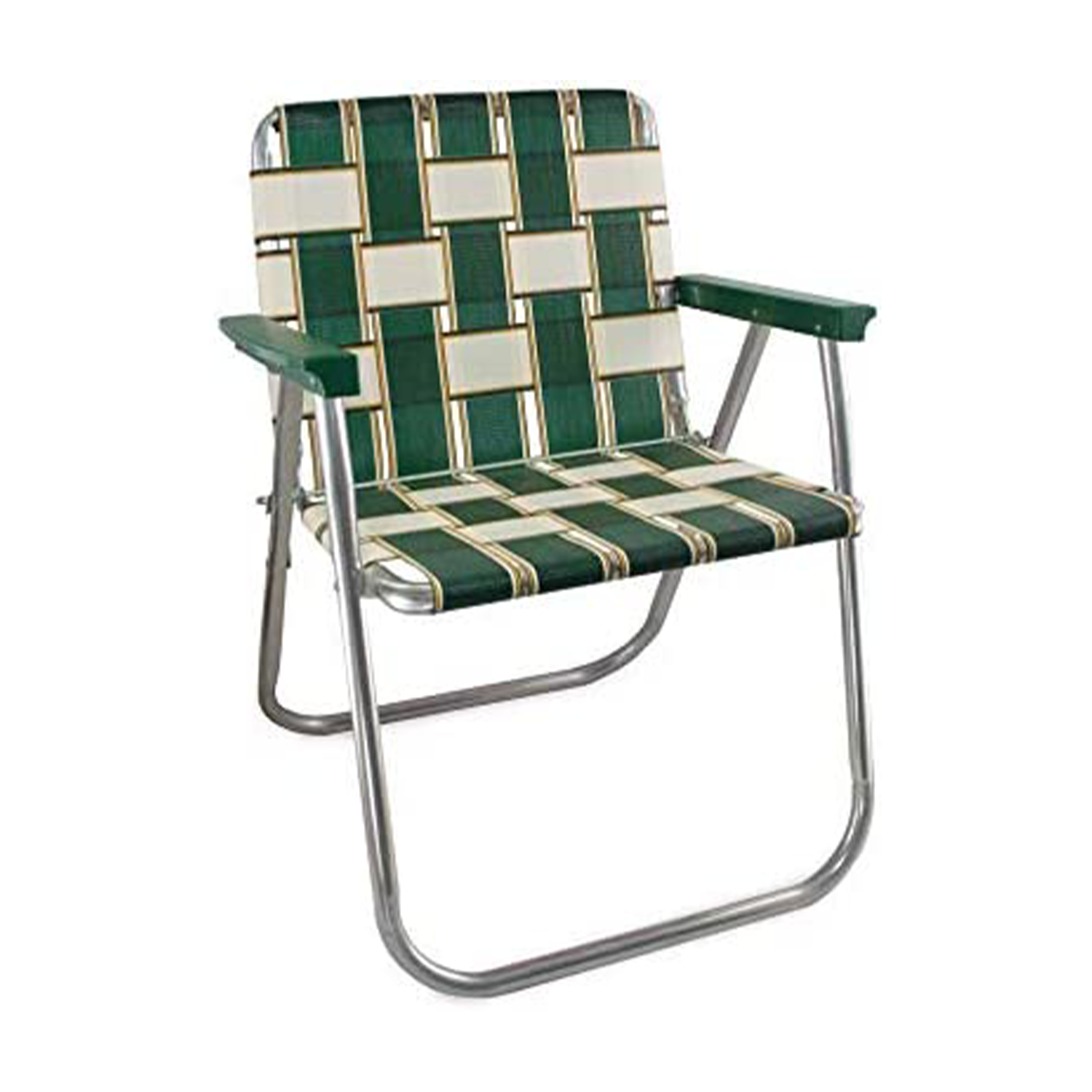 picnic chair with green and white webbing and green plastic arms