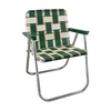 picnic chair with green and white webbing and green plastic arms