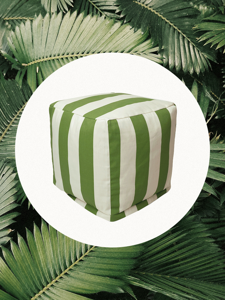 Gif of striped outdoor ottomans on leafy palm background