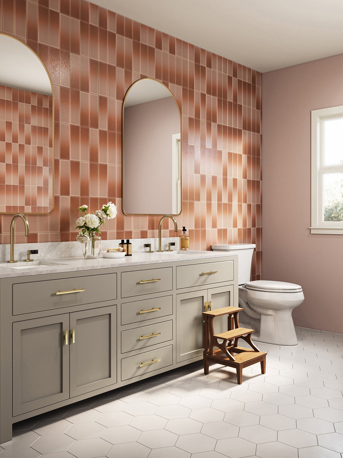 bathroom with pink wall tile