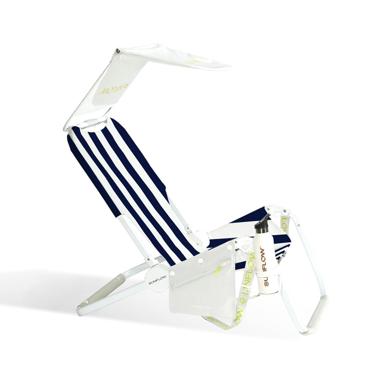 navy blue strip beach chair with attachments