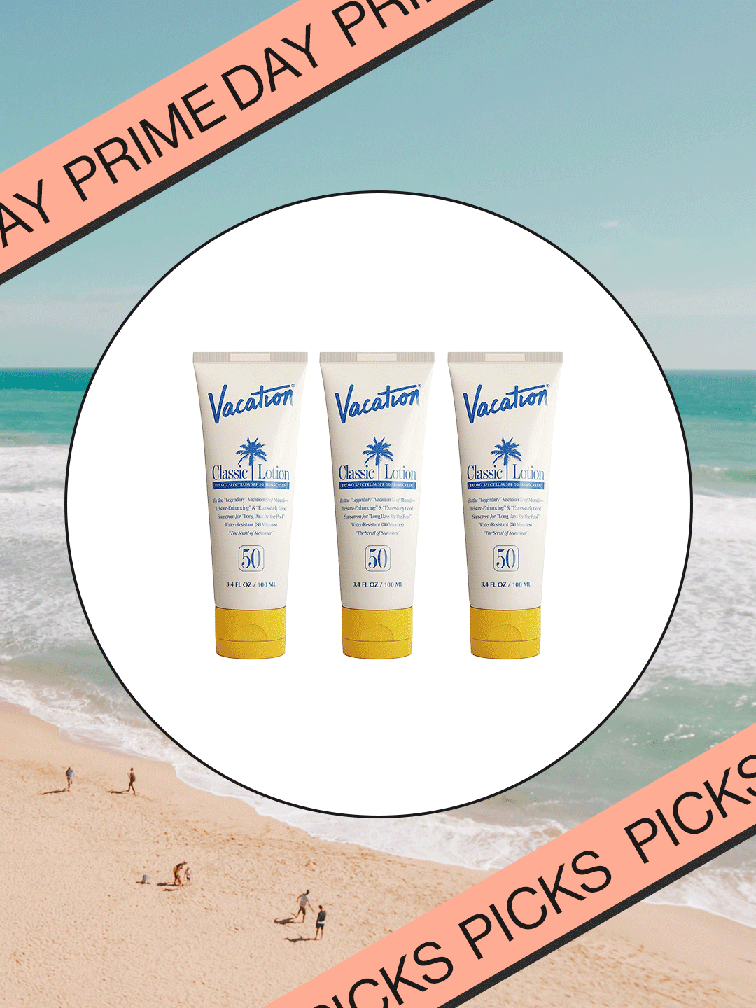 collage of vacation, supergoop, coola, sun buma sunscreens with prime day banner