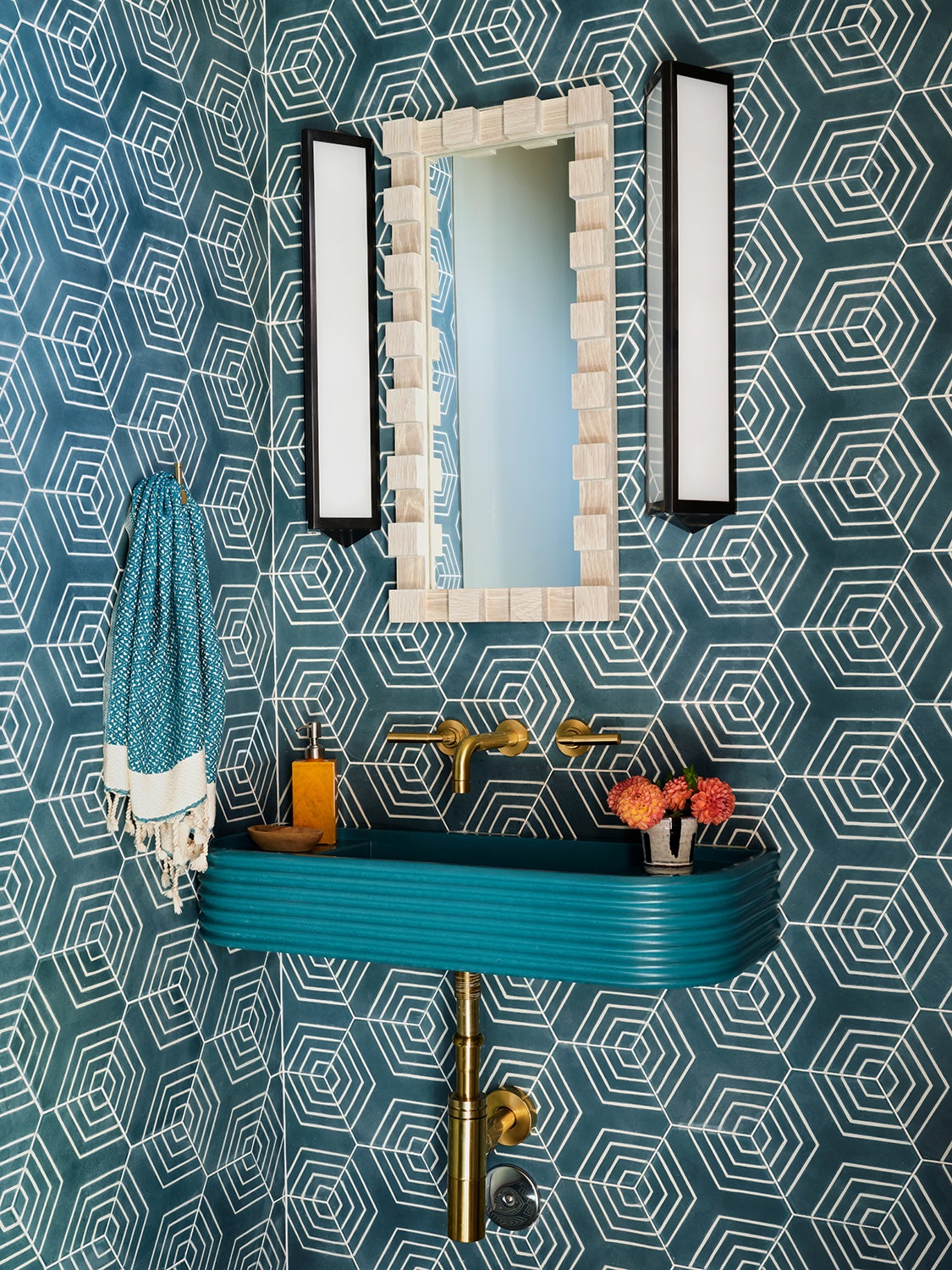 geometric blue tile powder room