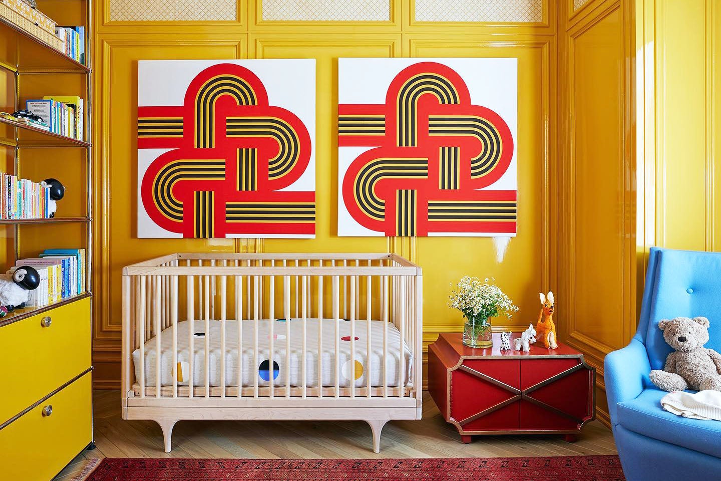 high-gloss yellow nursery with red accents