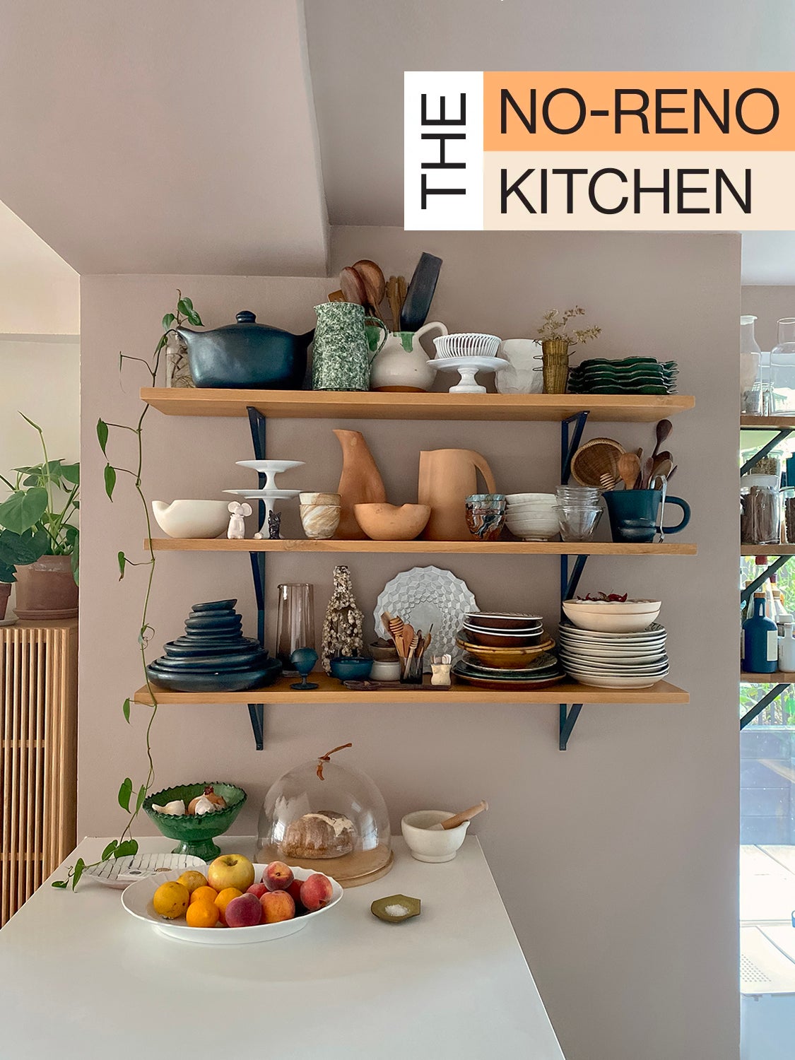 Kitchen shelving with pots, plants and bowls