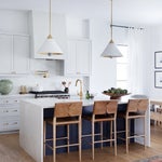white and navy kitchen with island