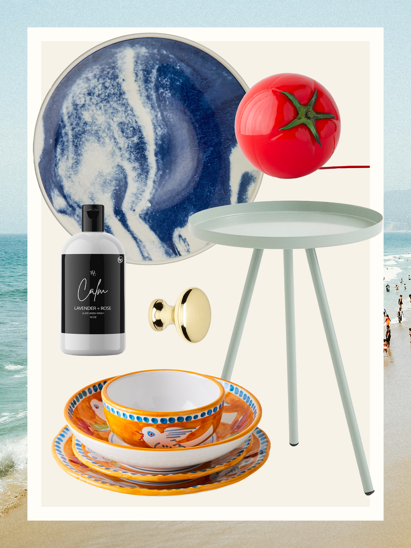 collage of best-selling products including a blue and white platter, tomato-shaped lamp, mint side table, brass knob, and detergent