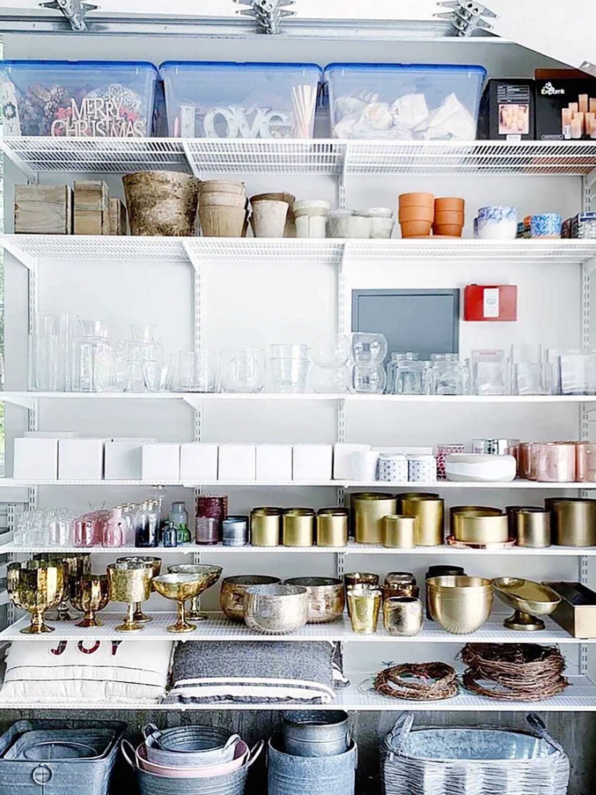 plates and bowls on garage shelving