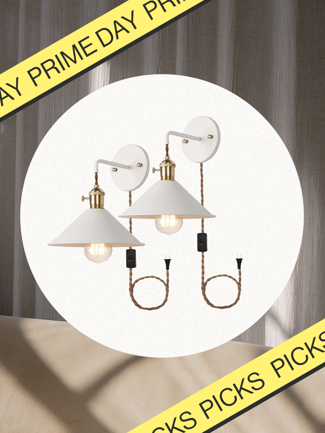 White plug-in Amazon sconces with Prime Day banner.
