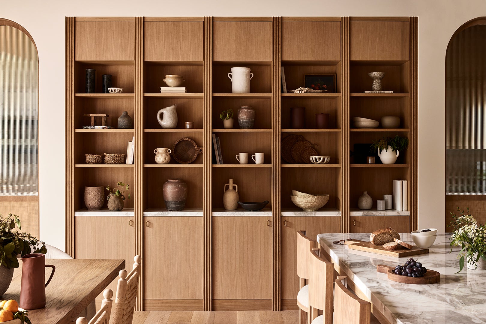Open shelving in the kitchen and dining room