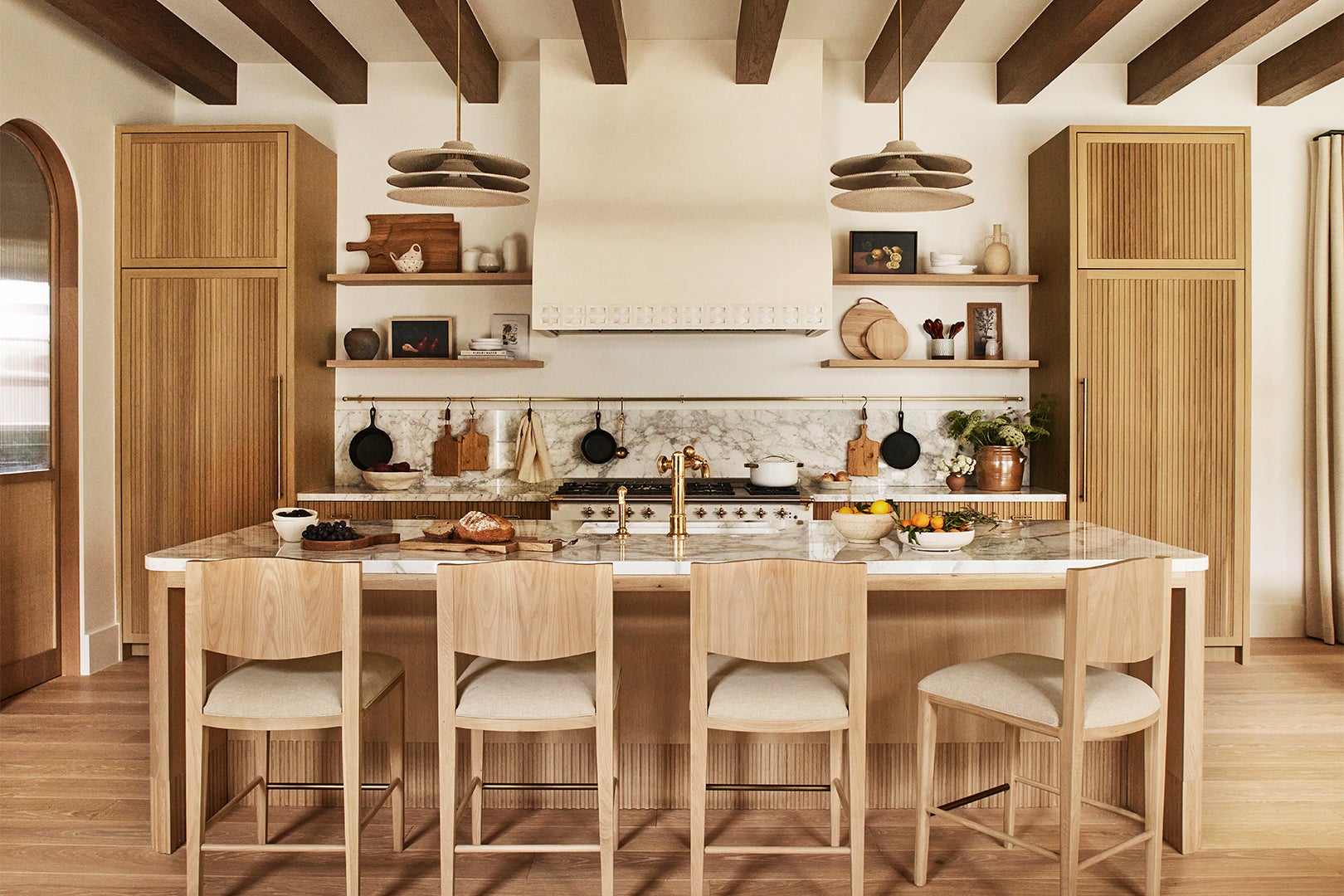 Kitchen island with wooden stools