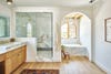 marble and oak wood bathroom