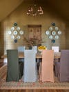 colorful linen covered dining chairs