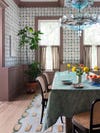 dining room with gingham wallpaper