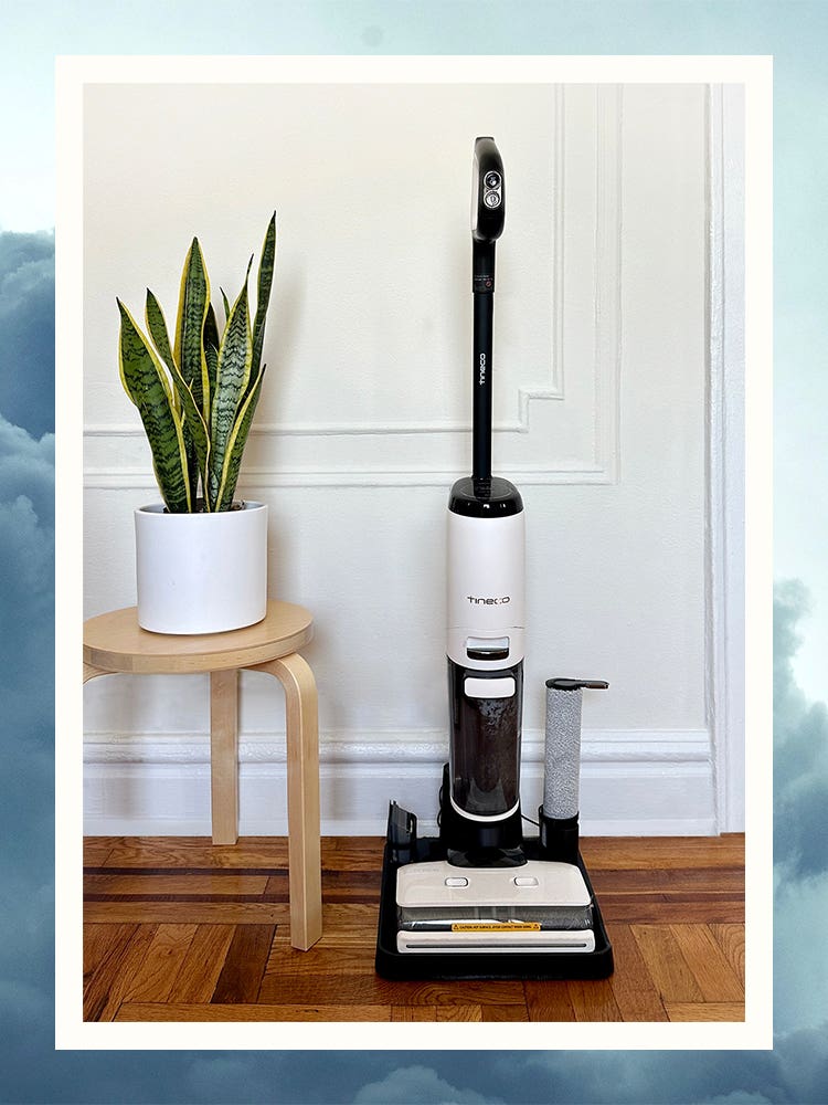 Tineco Floor One S7 Steam plugged into wall charging and standing upright next to snake plant