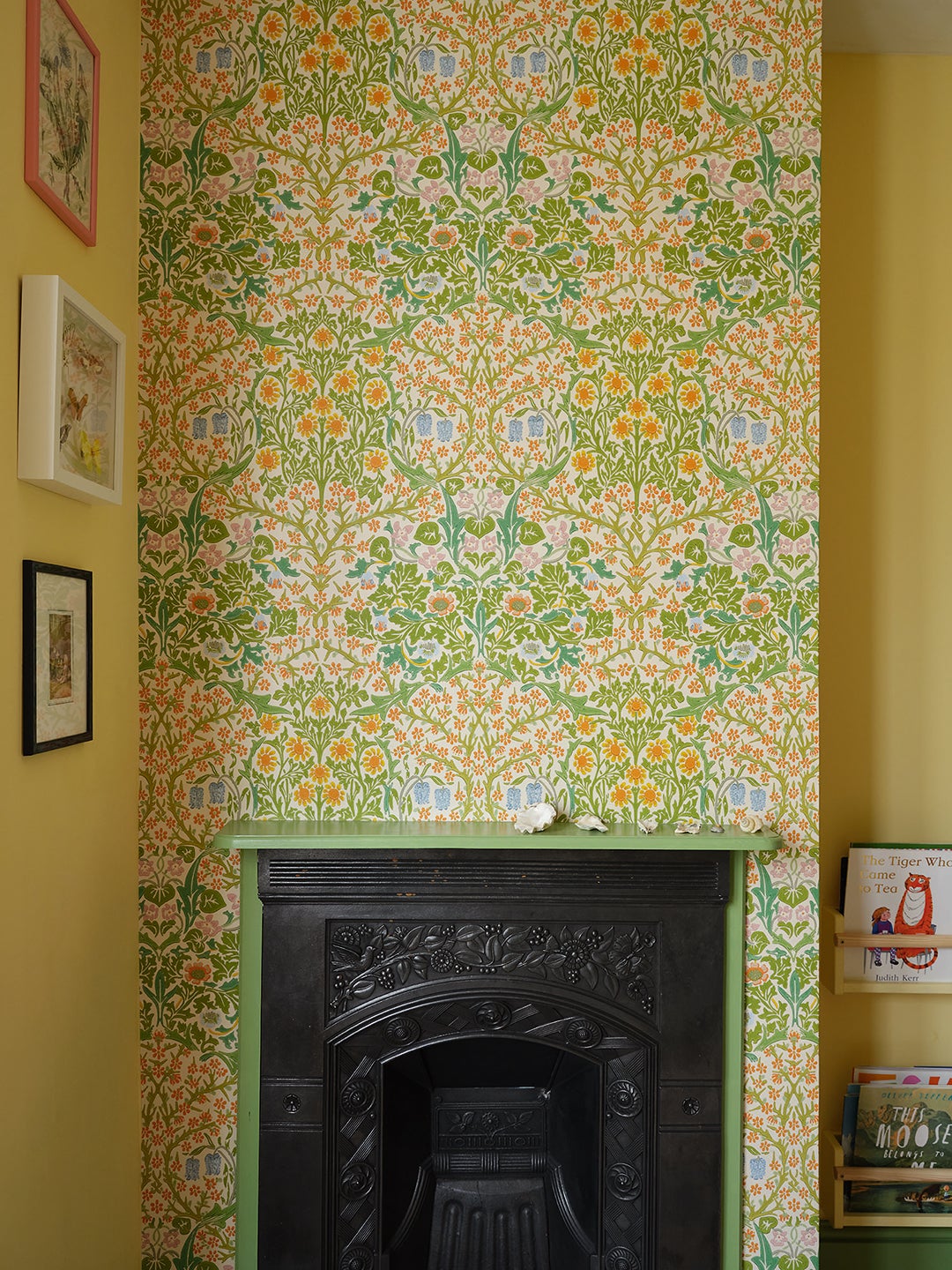 yellow wallpaper fireplace