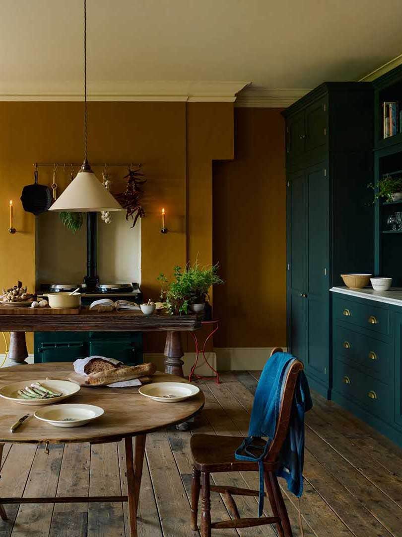 yellow and blue kitchen