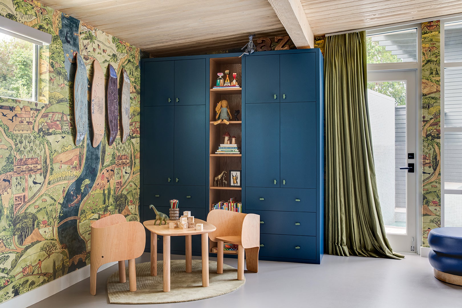 blue cabinet in kids room
