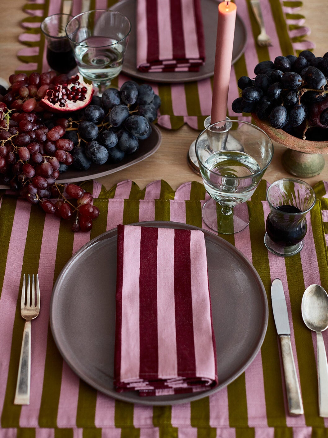 pink and purple striped linens