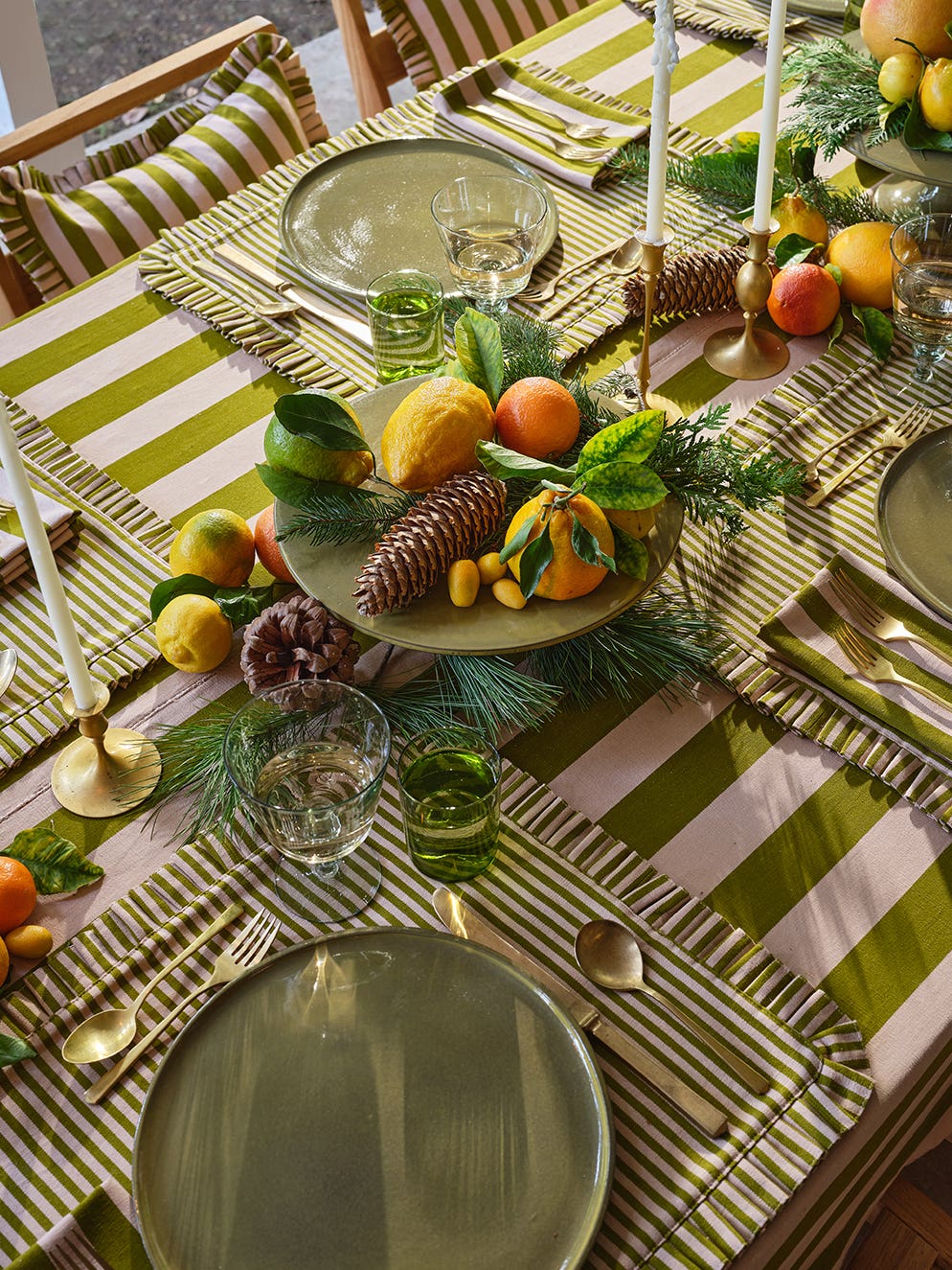 green stripped table setting