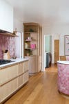 wood and pink kitchen