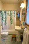 dated bathroom with floral shower curtain