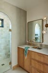 bathroom with arched shower