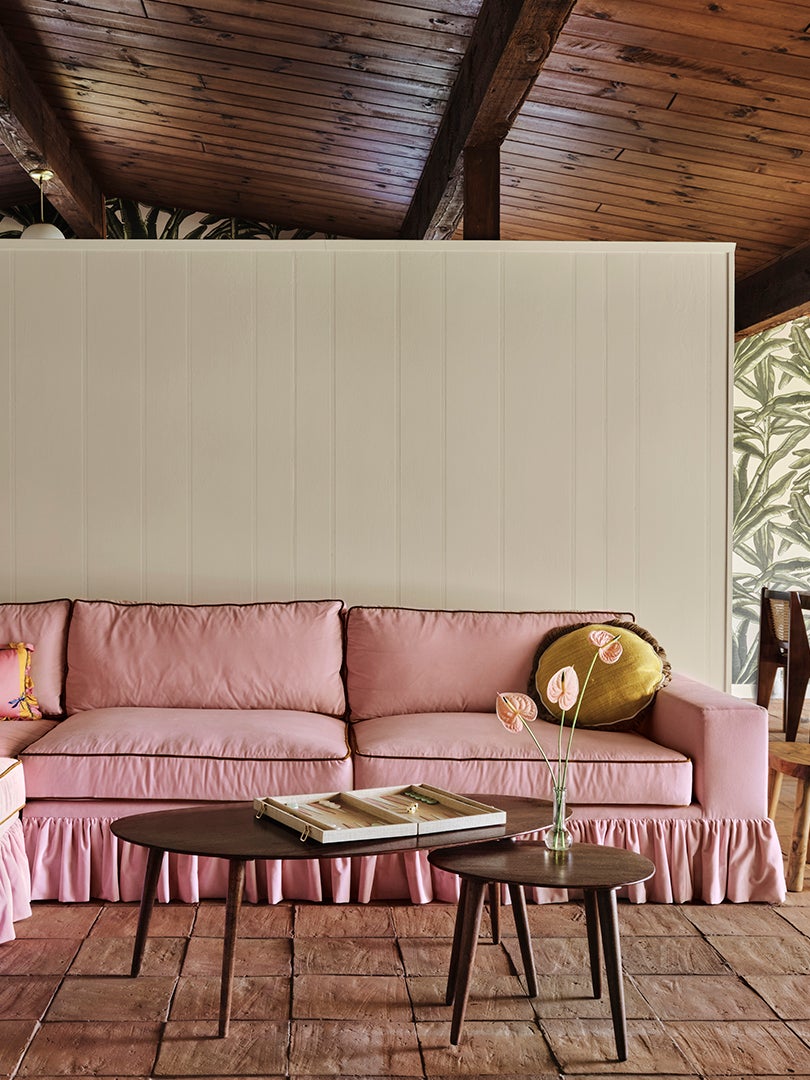 pink sofa with skirt