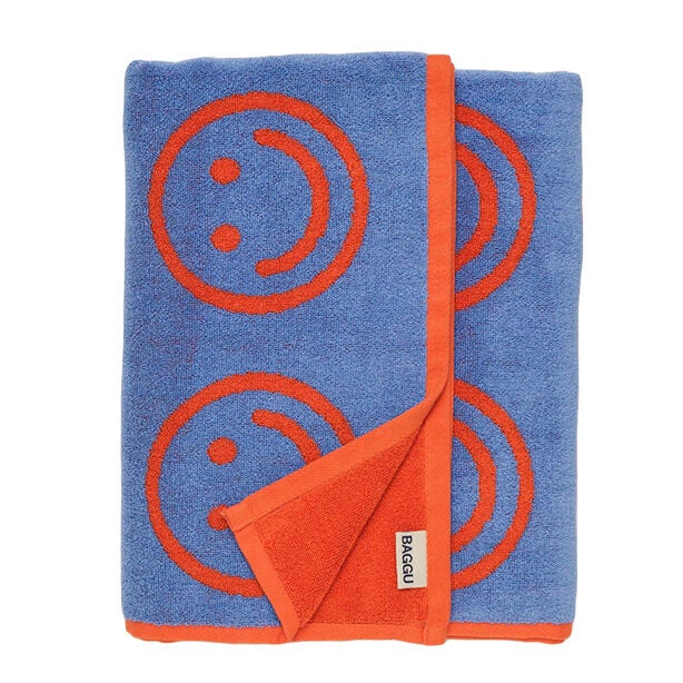 Baggu red and blue towel with smiley faces