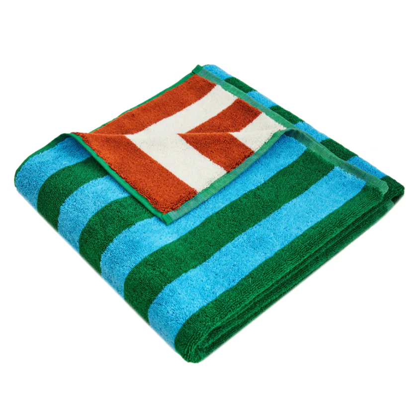 Dusen Dusen Field Stripe Towel in green, blue, brown, and white
