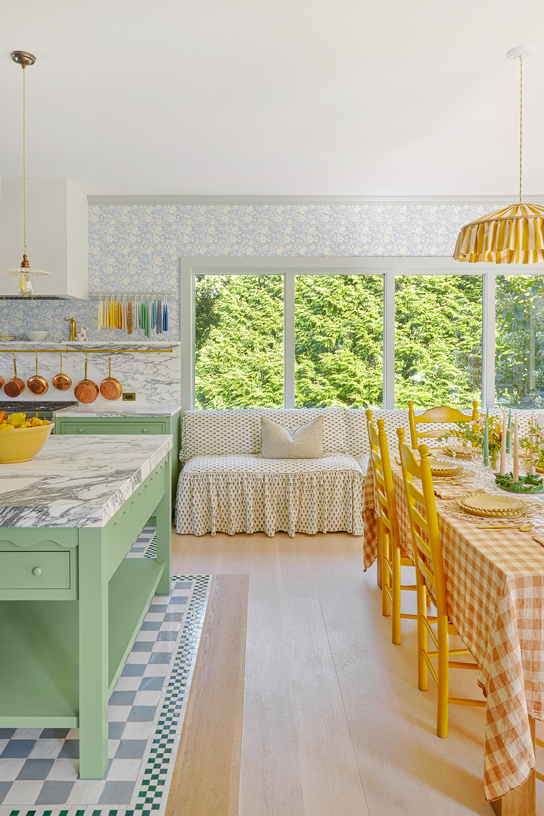 green island and yellow dining table