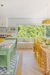 green island and yellow dining table