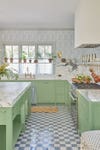 green kitchen with checkerboard floors