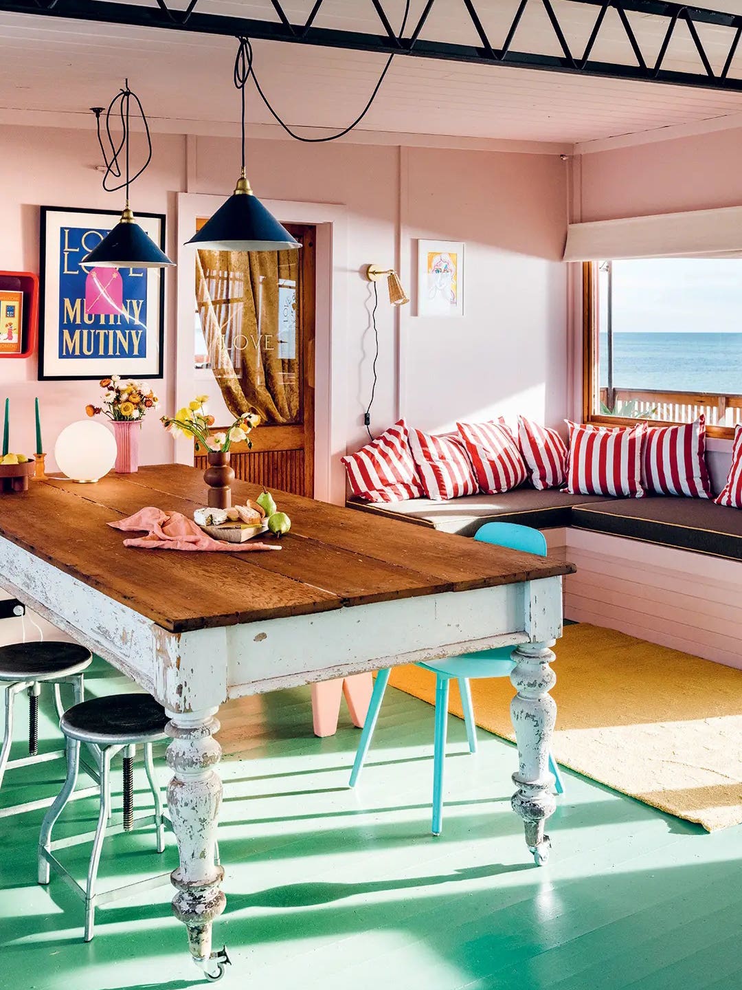 pink and green coastal kitchen