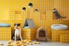 dogs in yellow grid room