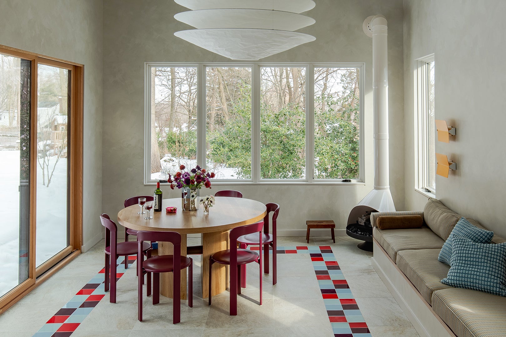 Dining room with checkerboard floor