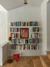 Floating bookshelves filled with books