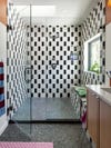 Black and white check tile in shower