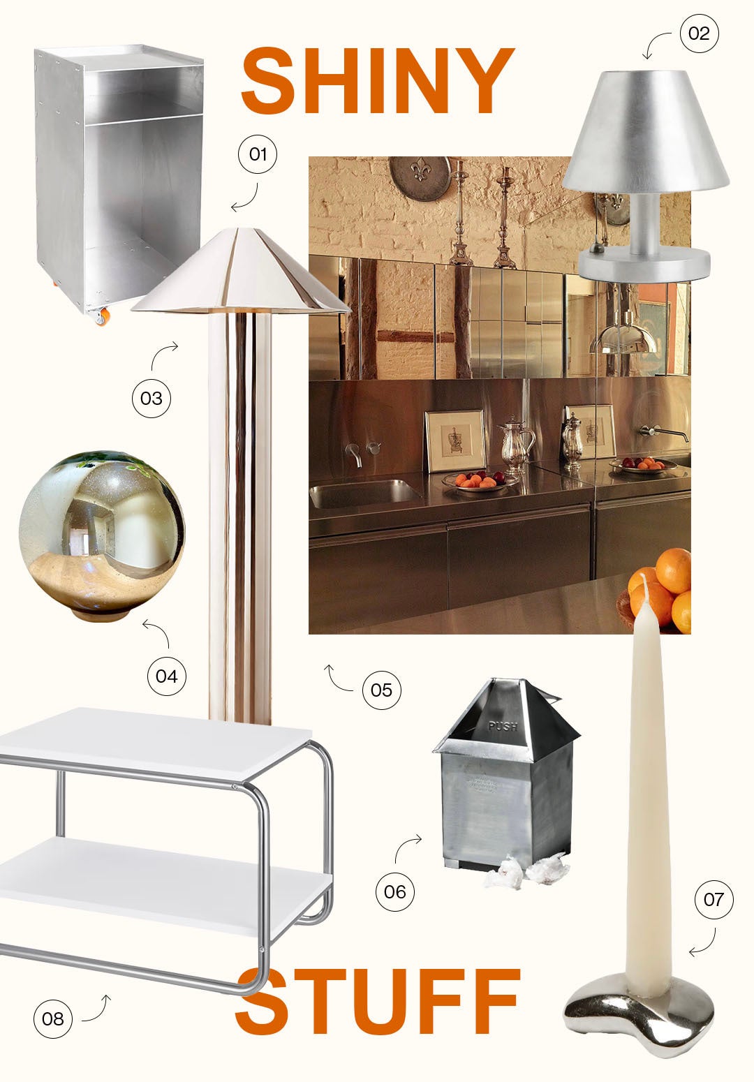 moodboard of furniture and objects with chrome finish