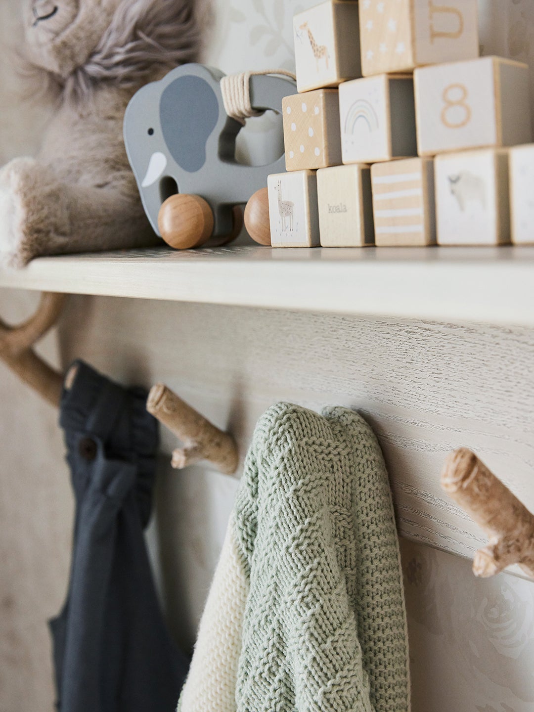 close up of hooks and blocks in nursery