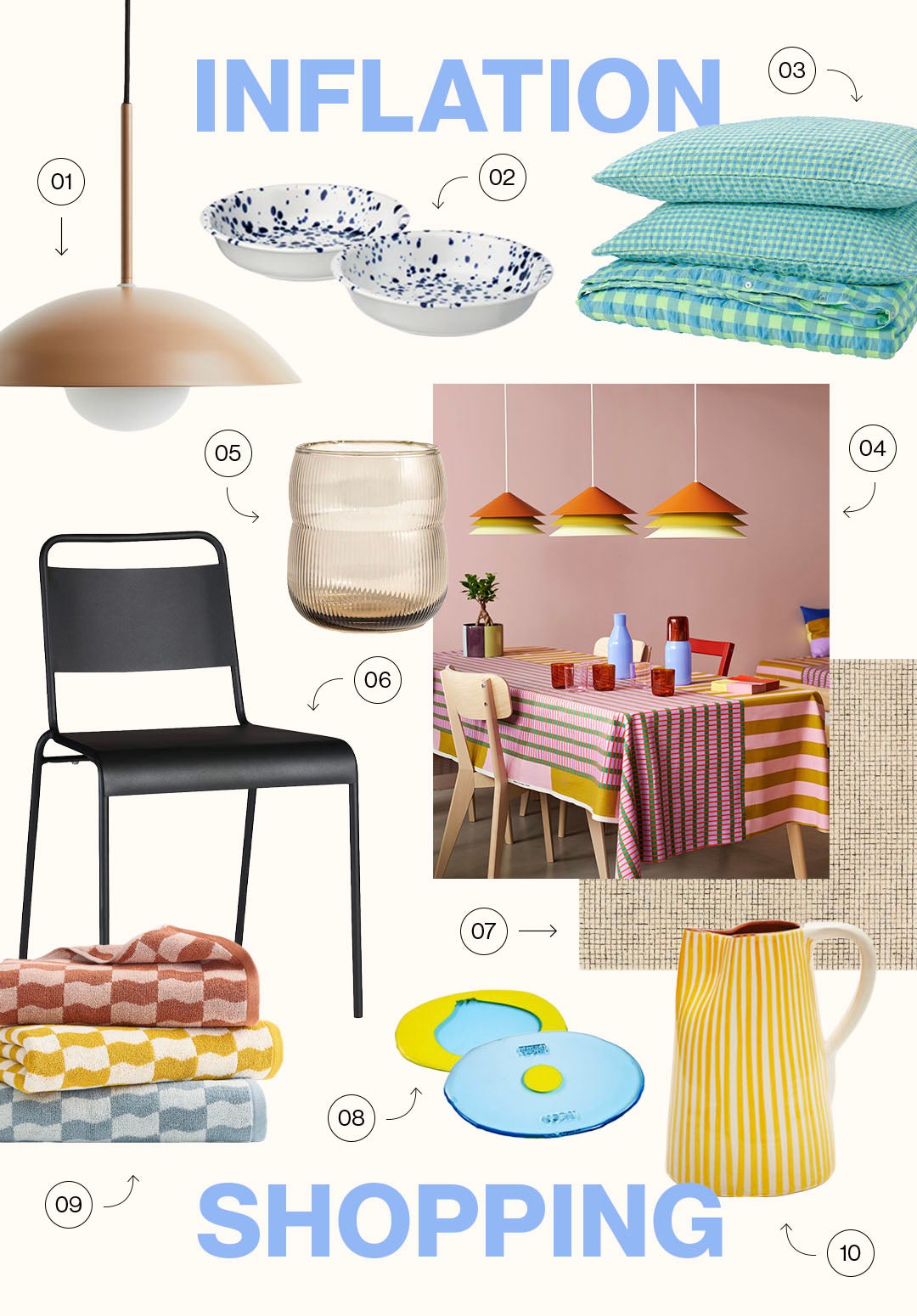 moodboard of colorful, inexpensive decor