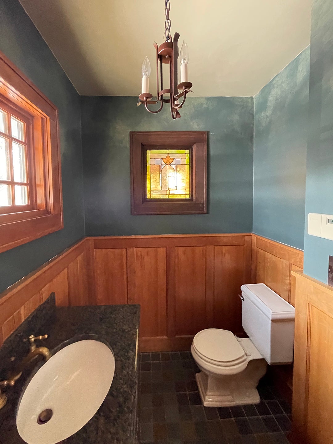 wood and blue powder room