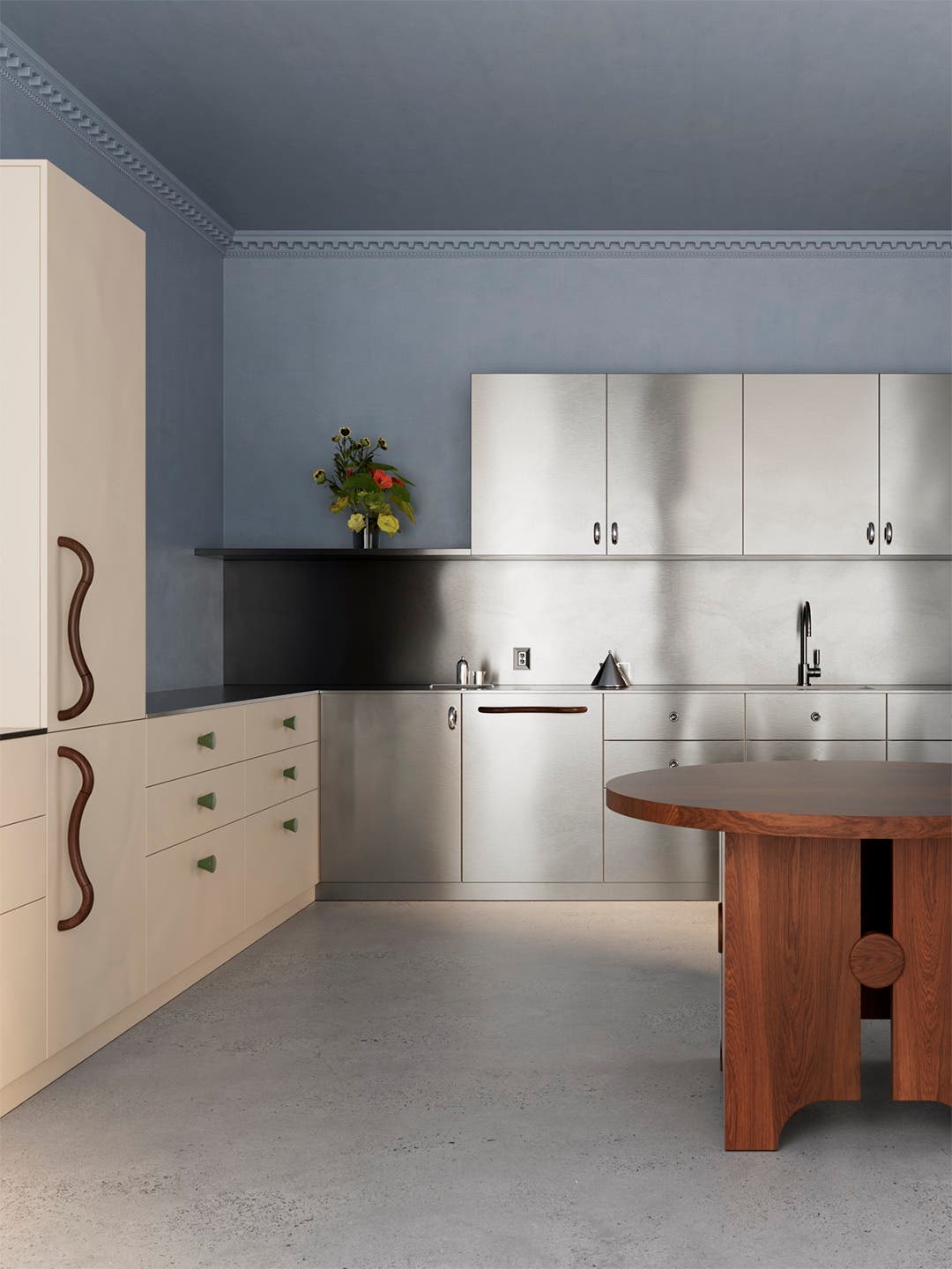 Kitchen with blue walls and silver and cream cabinets
