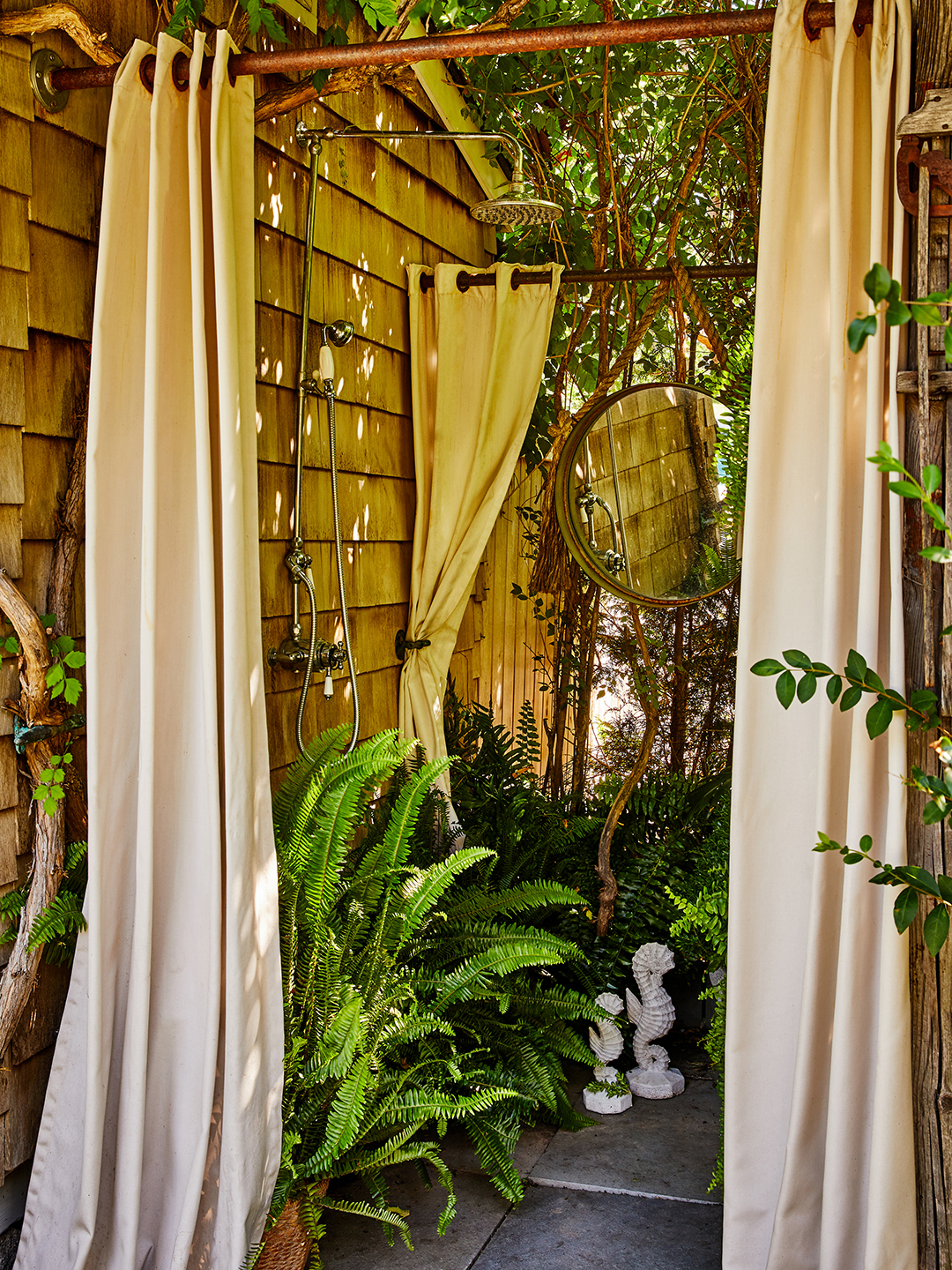 curtains hiding outdoor shower area