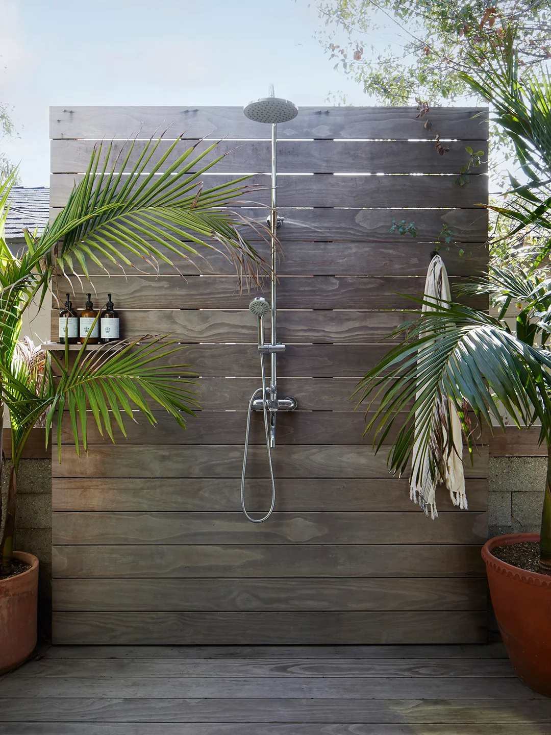 slated wood shower wall